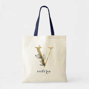 Bolso De Tela Letra "V" personalizada de la hoja de oro azul de