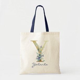 Bolso De Tela Letra Y de monograma dorado decoración floral de n