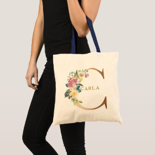 Bolso De Tela Letras florales de oro Monograma C