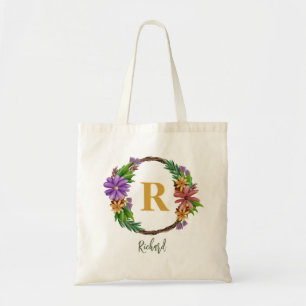 Bolso De Tela Leyenda floral Letra inicial Monograma Nombre Marb