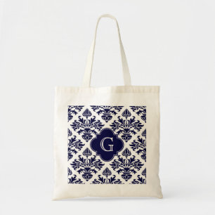 Bolso De Tela Lg Marina Azul Blanco Damask #3 Monograma Cuatro H