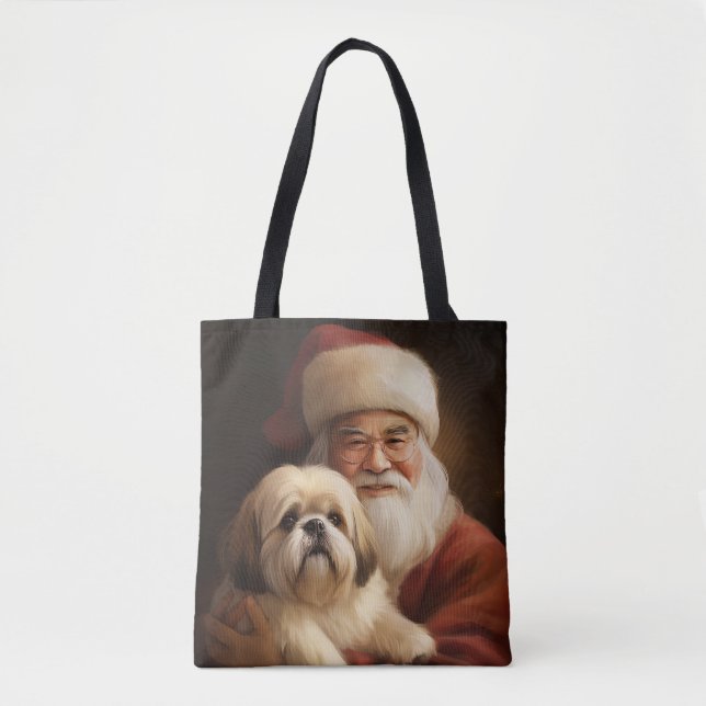 Bolso De Tela Lhasa Apso con Santa Claus Navideño  (Anverso)