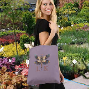 Bolso De Tela Libélula de arte popular con monograma púrpura