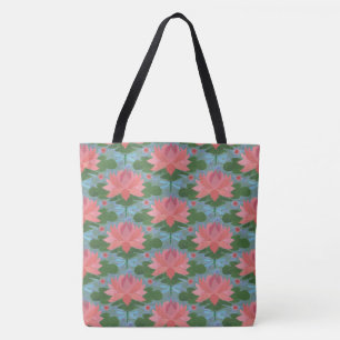 Bolso De Tela Libélulas azul pálido, Nenúfares rosados, sobre az