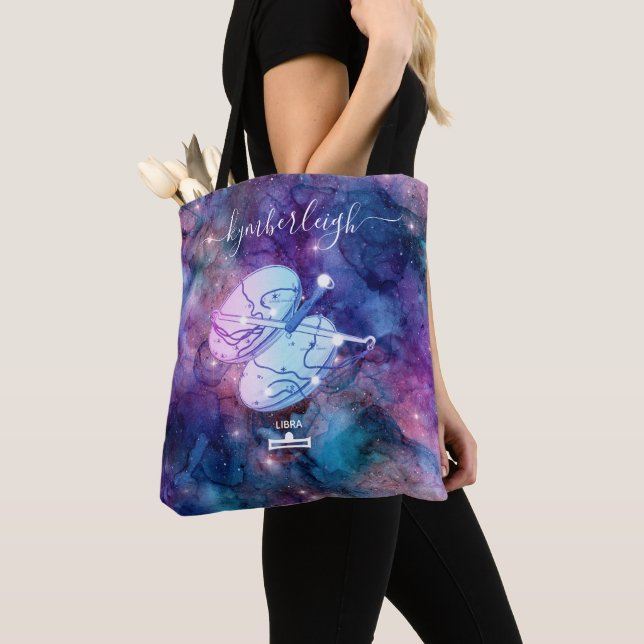 Bolso De Tela Libra Zodiac Rótulo Monograma Cósmico Nombre Azul  (Detalle)