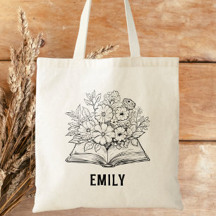 Bolso De Tela Libro blanco y negro moderno sobre el libro floral