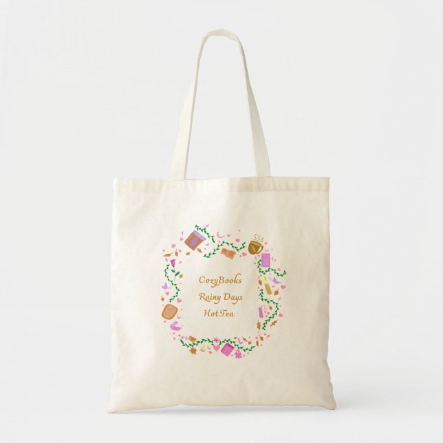 Bolso De Tela Libros Acogedores, Días Lluviosos, Té Caliente (Frente)
