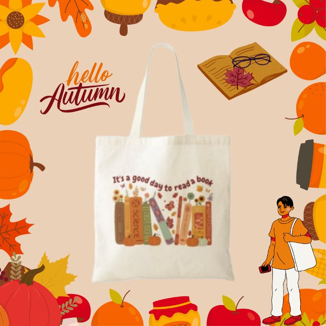 Bolso De Tela Libros Amantes, OrangePumpkin y hojas de otoño (Bookish book Lovers Tote Bag, Tote Bag Natural color, cute orange pumpkin, fall/autumn, Its A Good D)