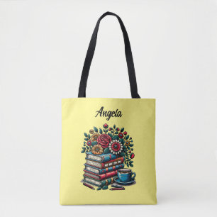 Bolso De Tela Libros antiguos personalizados, café y flores