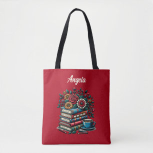 Bolso De Tela Libros antiguos personalizados, café y flores