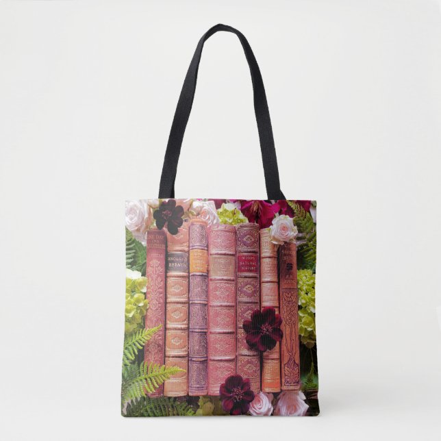 Bolso De Tela Libros antiguos y flores de Borgoña (Anverso)
