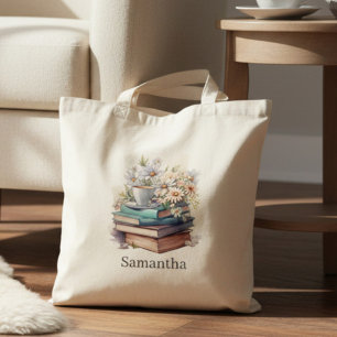 Bolso De Tela Libros apilados florales personalizados