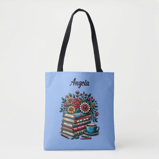 Bolso De Tela Libros, cafés y flores de época personalizados (Anverso)
