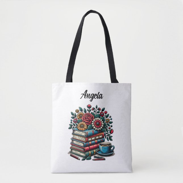 Bolso De Tela Libros, cafés y flores de época personalizados (Anverso)