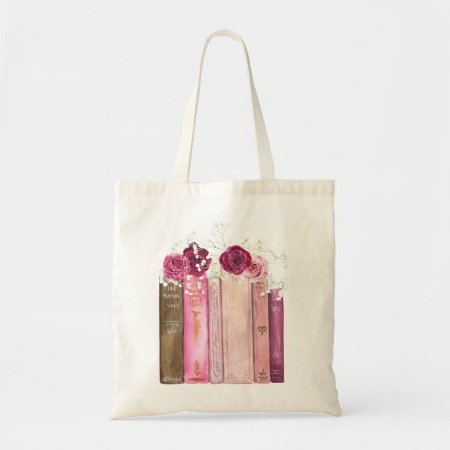 Bolso De Tela Libros con flores magenta (Frente)