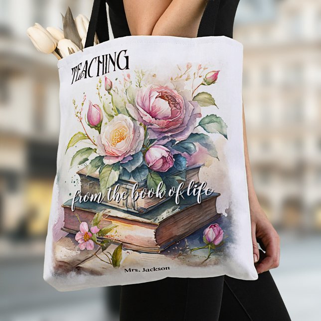 Bolso De Tela Libros de acuarela profesora elegante (Tote bag featuring a fine art watercolor painting of books with roses - teacher - book club)