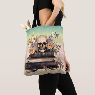 Bolso De Tela Libros de Calavera Rosas Doradas y Grises Hallowee