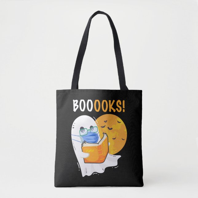 Bolso De Tela Libros Halloween Fantasma leyendo libros y usando (Anverso)