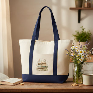 Bolso De Tela Libros Vintage de Acuarela y Flores Silvestres