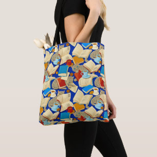 Bolso De Tela Libros y gatos en azul