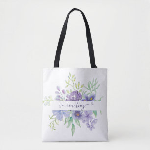Bolso De Tela Lila acuarela floral personalizada