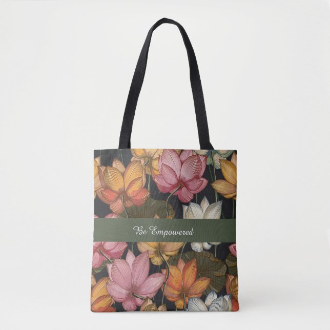 Bolso De Tela Lilias de agua de Lotus en el Tote negro del carbó (Anverso)