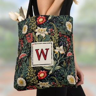 Bolso De Tela Lilios Rojos Blancos Verdes Dahlias Monograma Flor