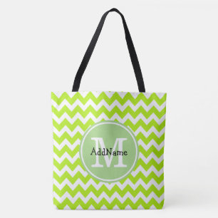 Bolso De Tela Lime Chevron, Monograma Personalizado Nombre Perso