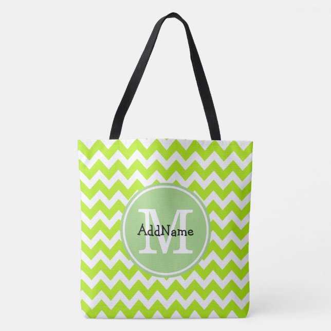 Bolso De Tela Lime Chevron, Monograma Personalizado Nombre Perso (Anverso)