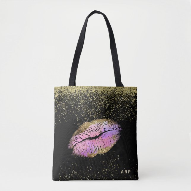 Bolso De Tela *~* Límites de oro rosados Purpurina negro (Anverso)