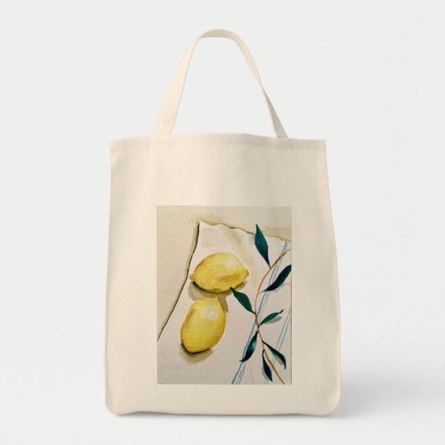 Bolso De Tela limones amarillos brillantes con las hierbas para (Frente)
