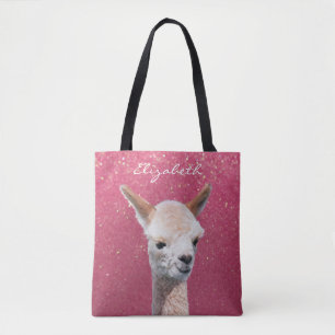 Bolso De Tela Linda Alpaca, Brillo Rosa, Nombre en Script Blanco