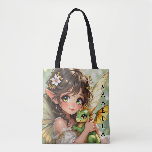 Bolso De Tela Linda hada de anime y dragón Chibi  (Anverso)