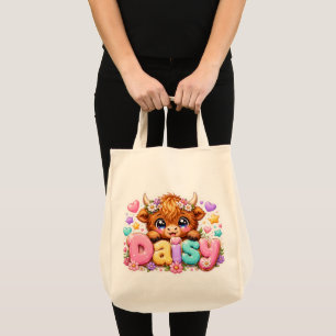 Bolso De Tela Linda Vaca Highland Dainty Nombre Rosa Pastel Fl