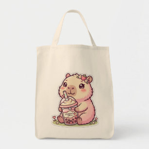 Bolso De Tela Lindo capybara rosa Kawaii bebiendo té de boba en