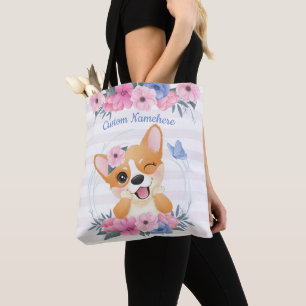 Bolso De Tela Lindo Corgi Perro Corona de Flores Mariposa Azul P