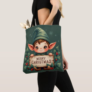 Bolso De Tela Lindo duende de Navidad sosteniendo un letrero ale