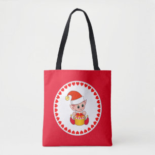 Bolso De Tela Lindo elfo de Navidad rodeado de corazones sobre r