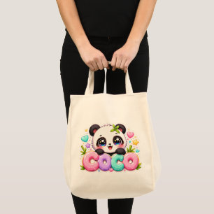Bolso De Tela Lindo Kawaii Coco Panda Nombre Pastel Rosa Brillan