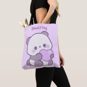 Bolso De Tela Lindo Panda Morado Pastel Kawaii con Corazón Perso