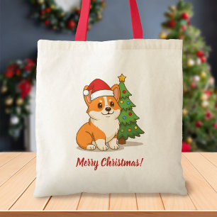 Bolso De Tela Lindo perro Corgi con un sombrero rojo con árbol d