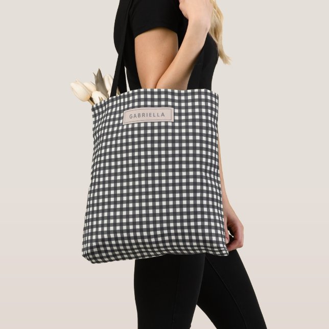 Bolso De Tela Lindo personalizado a cuadros gingham gris negro v (Detalle)
