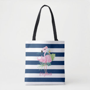 Bolso De Tela Lindos Flamingos RosadosHoja Tropical, Rayado