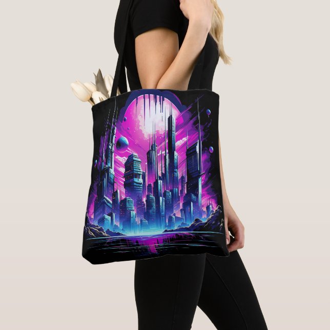 Bolso De Tela Línea de Skyline Neon Futurista CyberScape (Detalle)