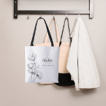 Bolso De Tela Línea Flores silvestres arte simple nombre en mono<br><div class="desc">Decorada con adornos de arte lineal,  flores silvestres. Personalice y agregue su nombre,  iniciales de monograma y nombre completo.</div>