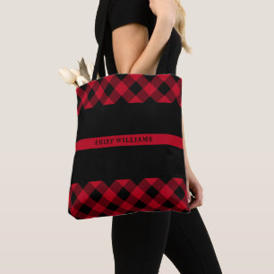 Bolso De Tela Línea roja fina monograma de la tela escocesa del