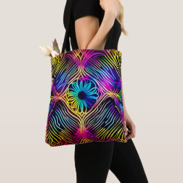Bolso De Tela Líneas de neón psicodélicas con arte floral