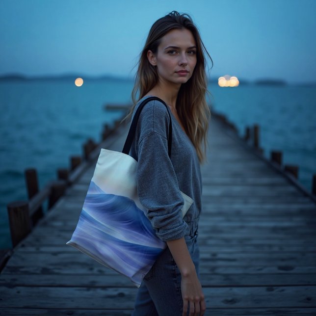 Bolso De Tela Líquido De La Conducta Del Iluminador Abstracto Co (Twilight Drift Tote. Lavender & deep teal waves for an artful, serene coastal carry.)