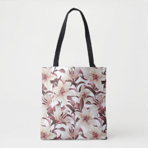 Bolso De Tela Lirios en blanco. Patrón floral