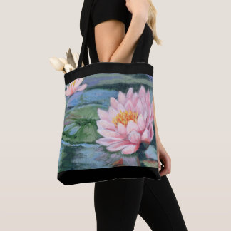 Bolso De Tela Lirios rosados en reflexiones azules tote de ambos
